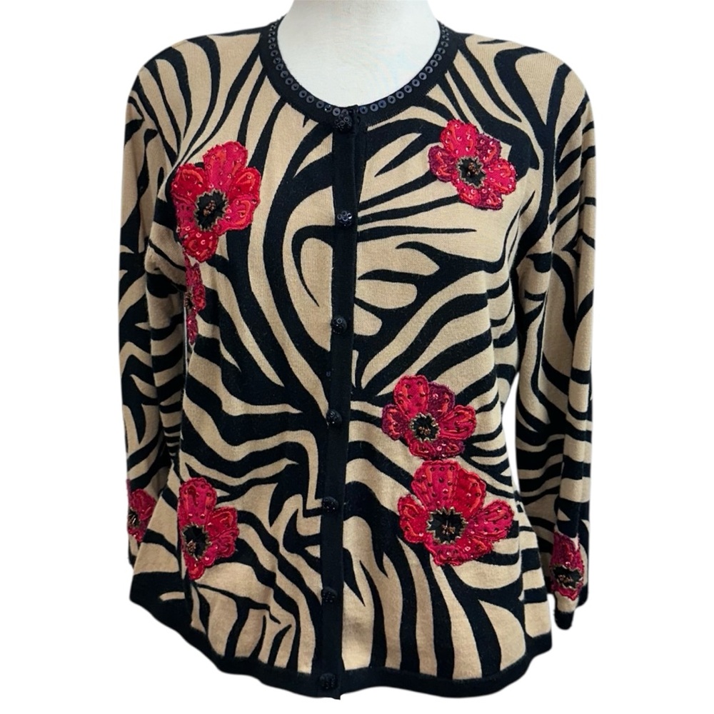 Jack B Quick Vintage Zebra Print Poppy Flowers Cardigan Sweater Large